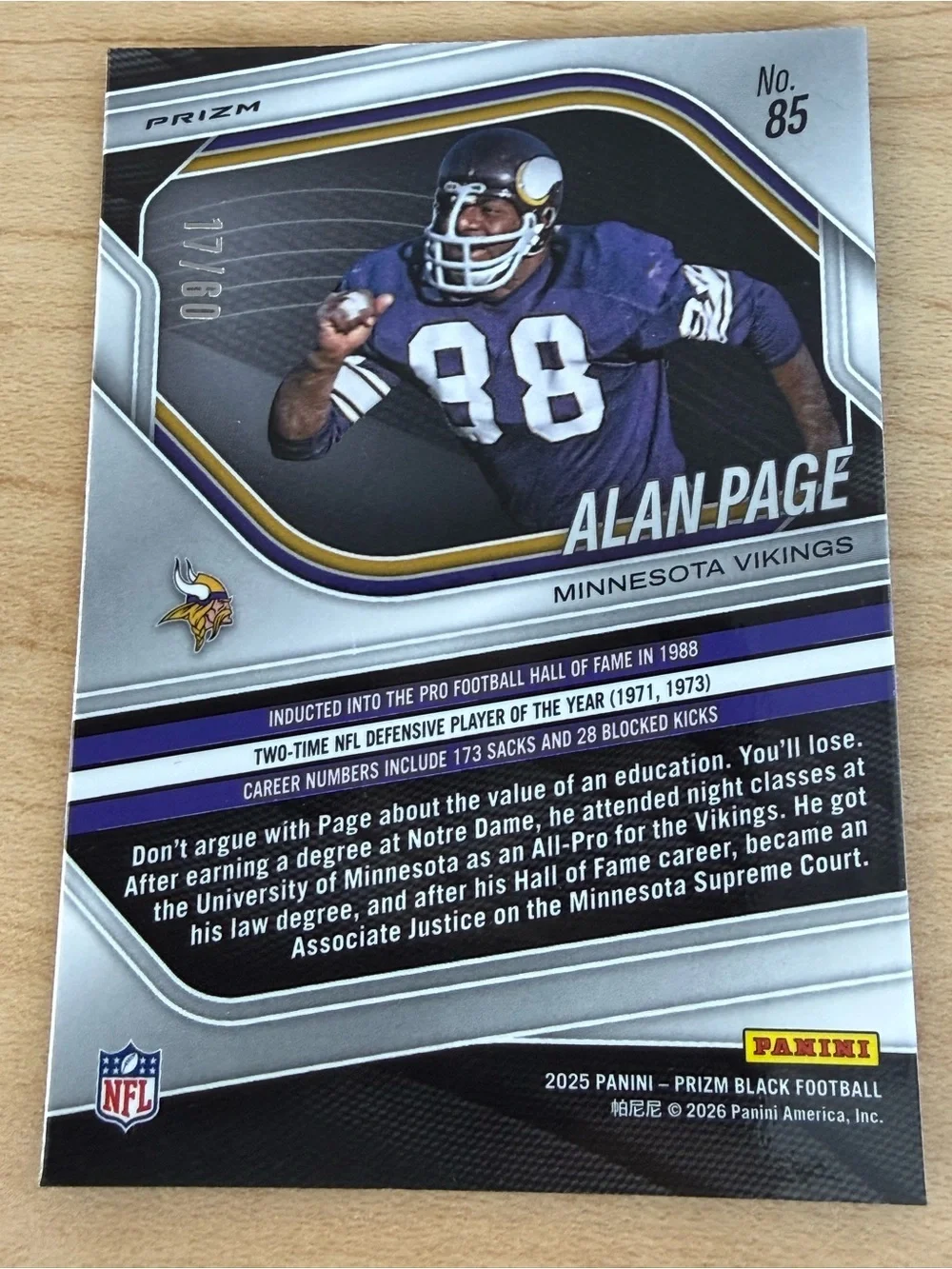 Panini Prizm Black Alan Page Minnesota Vikings Football Card /60 #85